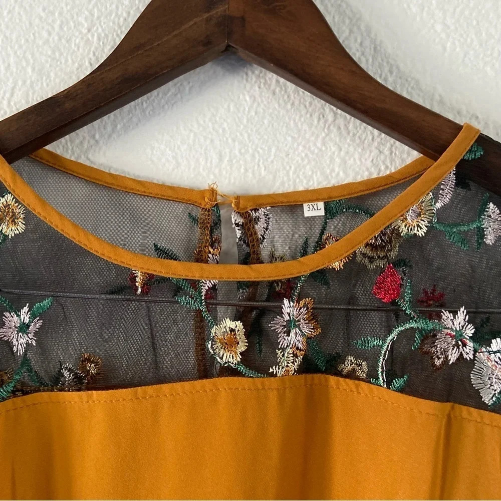 Mustard Yellow Folk Embroidered Eclectic Mesh Panel Top 3XL Boho Chic Plus - Picture 3 of 12